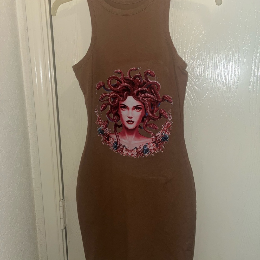 Brown Sleeveless Dress with Medusa Graphic Design